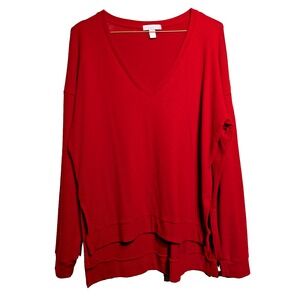 Beyond Yoga Sweater Womens S/P Red V Neck Cozy Fleece Hi Low Hem‎ Made USA